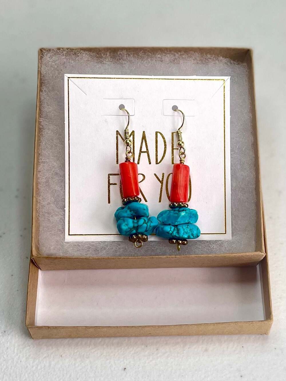 Handmade by Fynn Turquoise and Red Coral Dangle Earrings Gold Tone